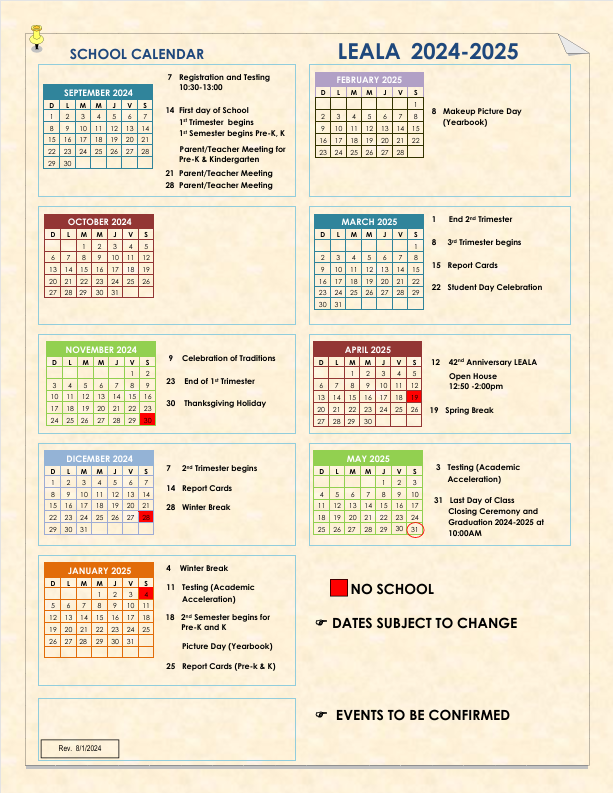 2024-2025 School Calendar